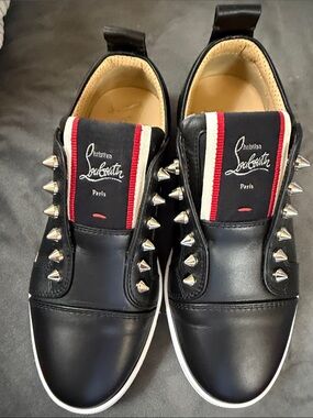 Christian Louboutin Women’s Black Leather Spike Slip-On Sneakers